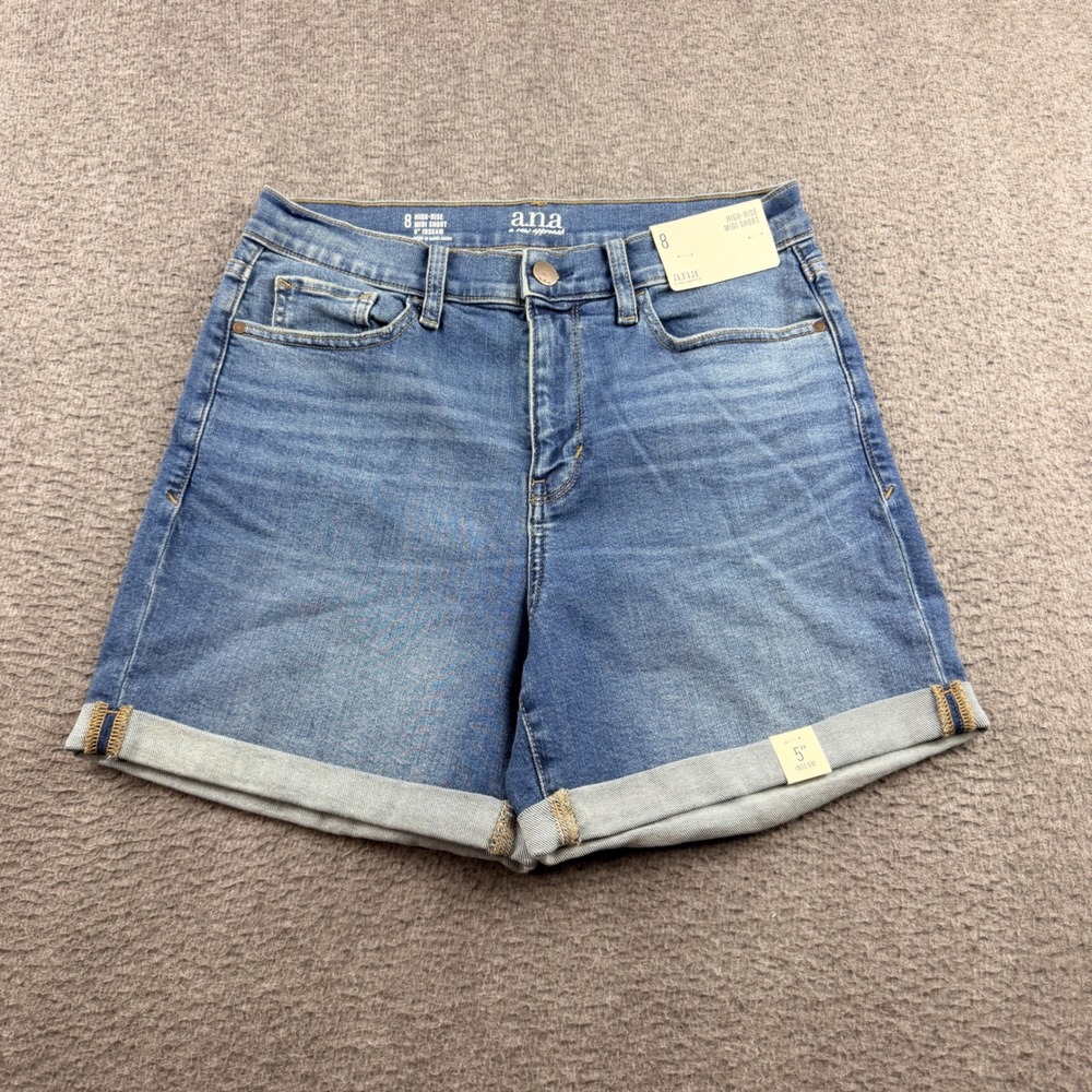 ANA Women's Size 8 High Rise Midi Denim Shorts Med Mellow Blue Cuffed 5" Inseam